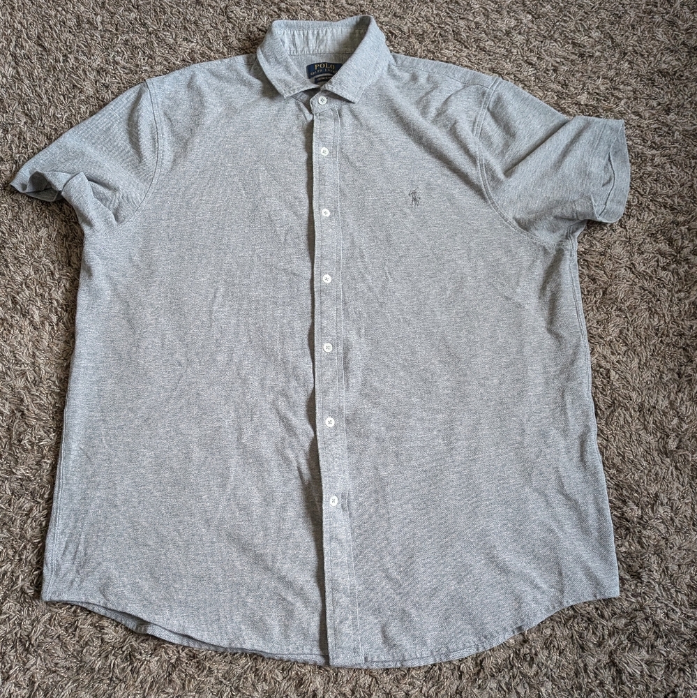 Polo Ralph Lauren Grey Logo Custom Slim Fit Short Sleeve Button Up Men's XXL